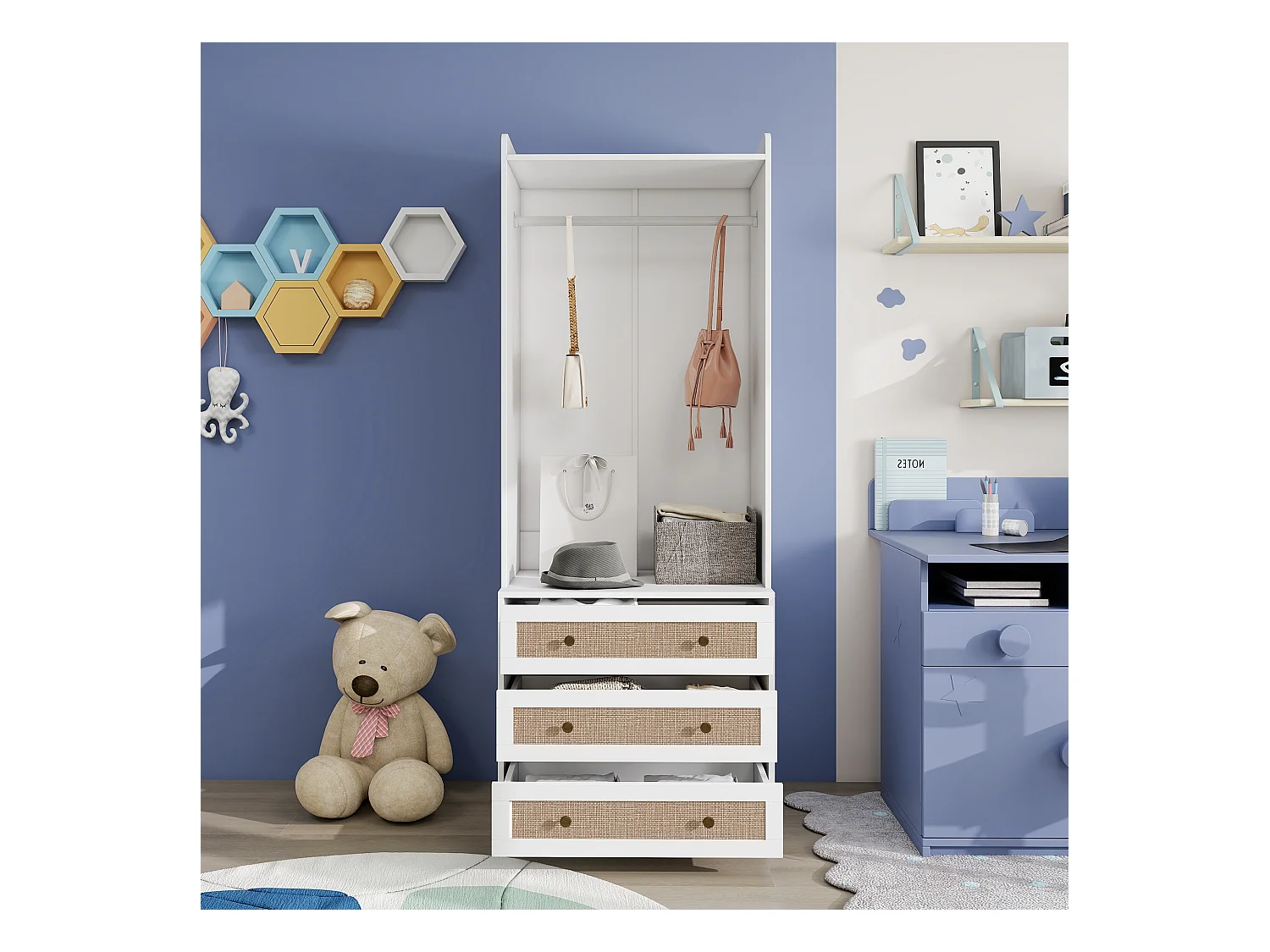 Armoire blanche 1PC style boho avec 3 tiroirs et étagère – 70 x 48 x 180 cm, pratique et multifonction pour salon, chambre ou bureau