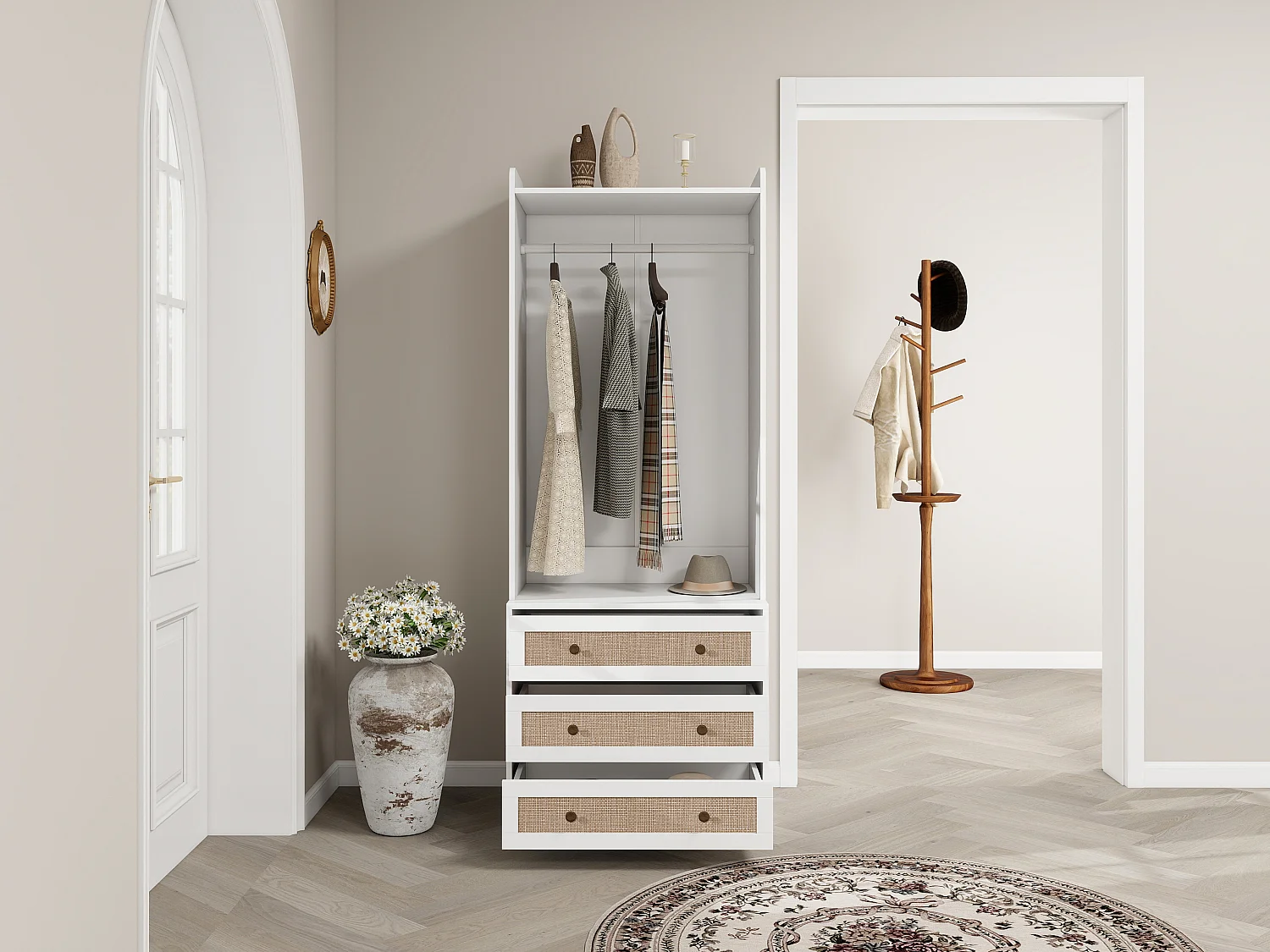 Guarda-roupa estilo boho branco com 3 gavetas e prateleira - 70 x 48 x 180 cm, prático e multifuncional para sala de estar, quarto ou escritório