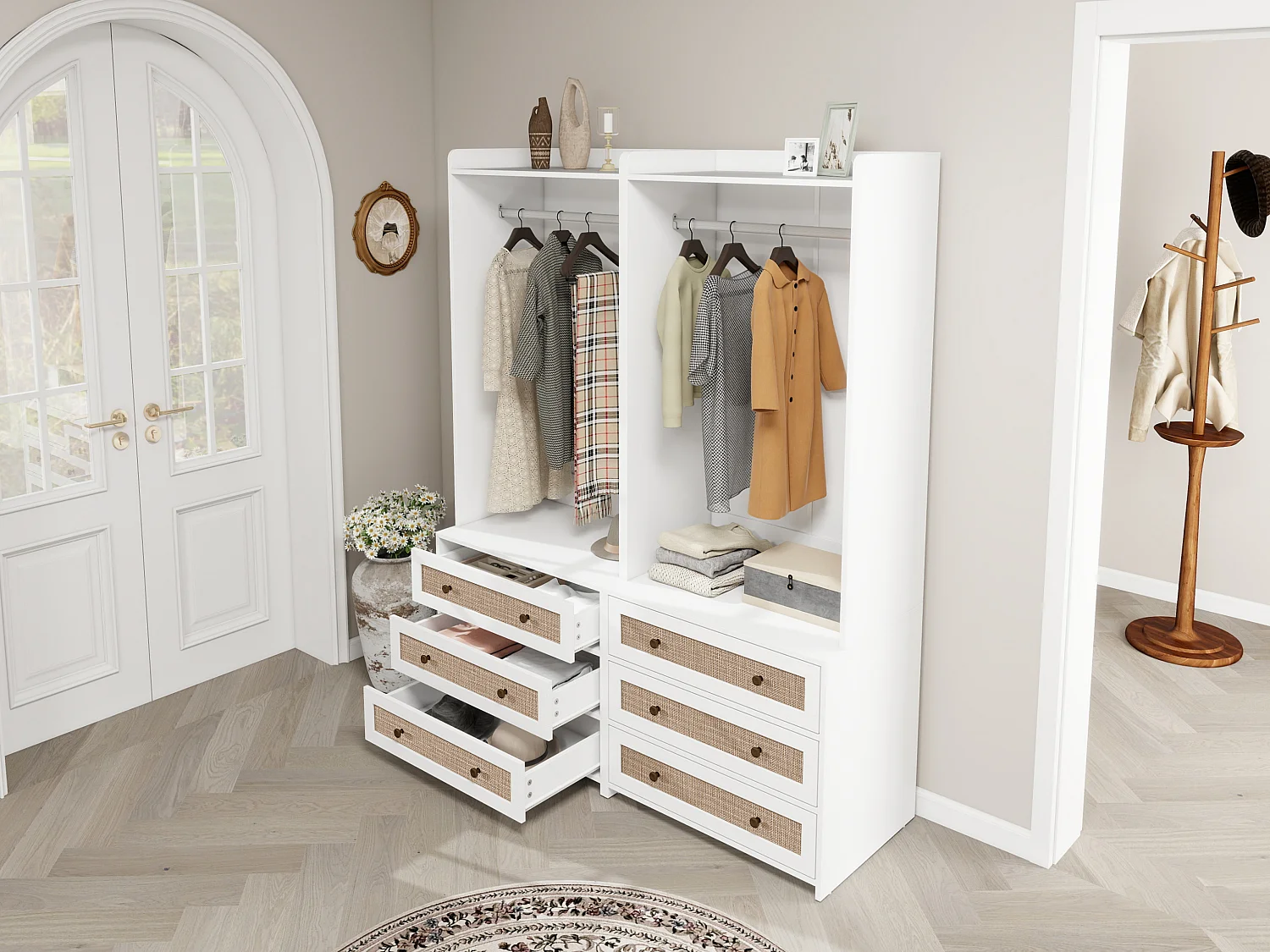 Guarda-roupa estilo boho branco com 3 gavetas e prateleira - 70 x 48 x 180 cm, prático e multifuncional para sala de estar, quarto ou escritório