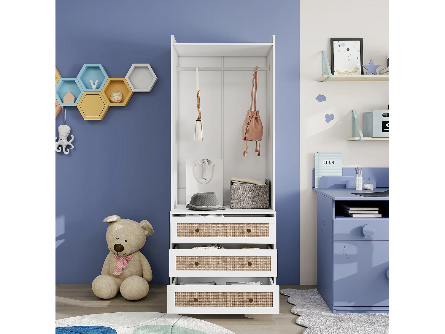 Guarda-roupa estilo boho branco com 3 gavetas e prateleira - 70 x 48 x 180 cm, prático e multifuncional para sala de estar, quarto ou escritório