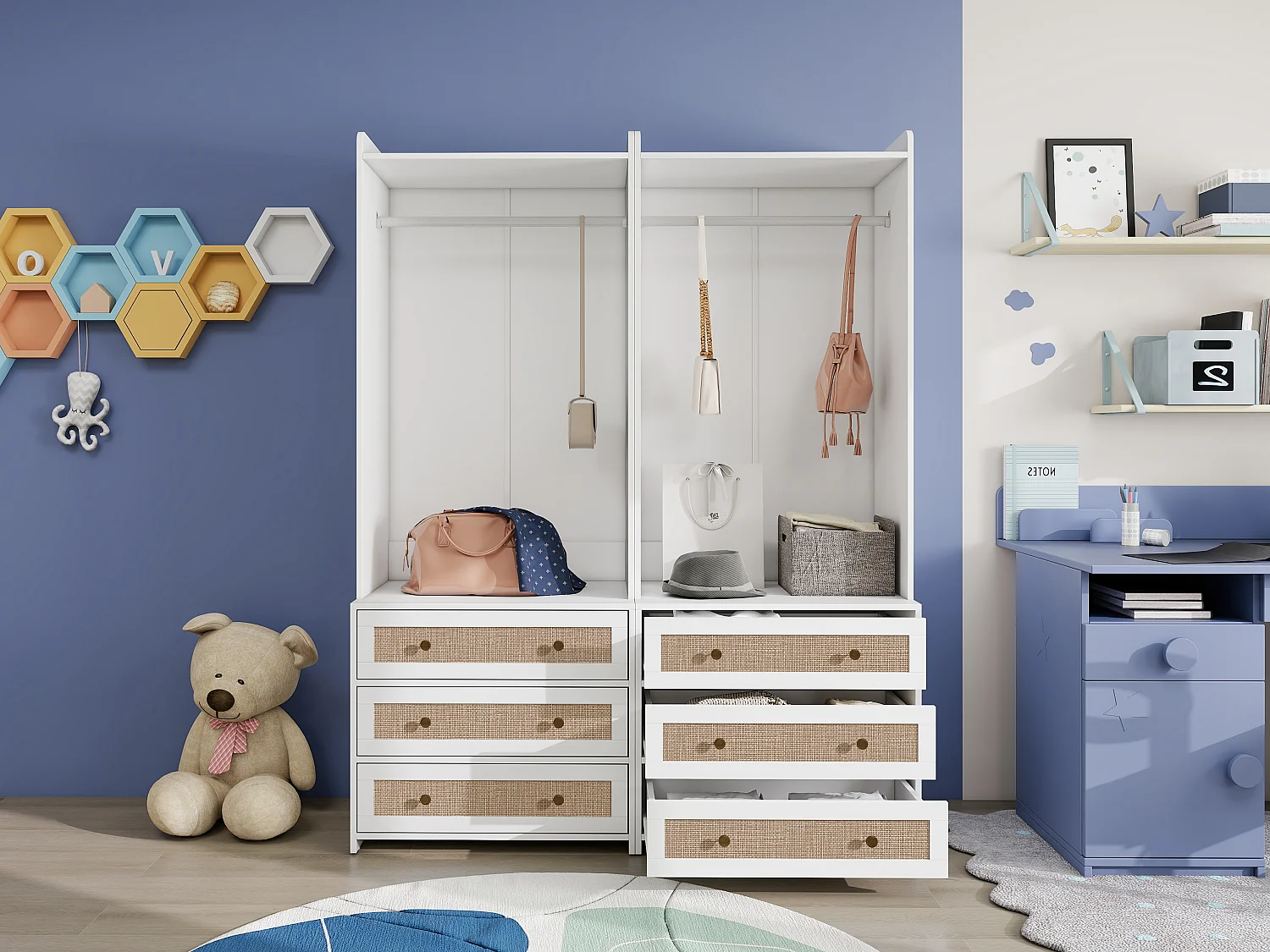 Guarda-roupa estilo boho branco com 3 gavetas e prateleira - 70 x 48 x 180 cm, prático e multifuncional para sala de estar, quarto ou escritório