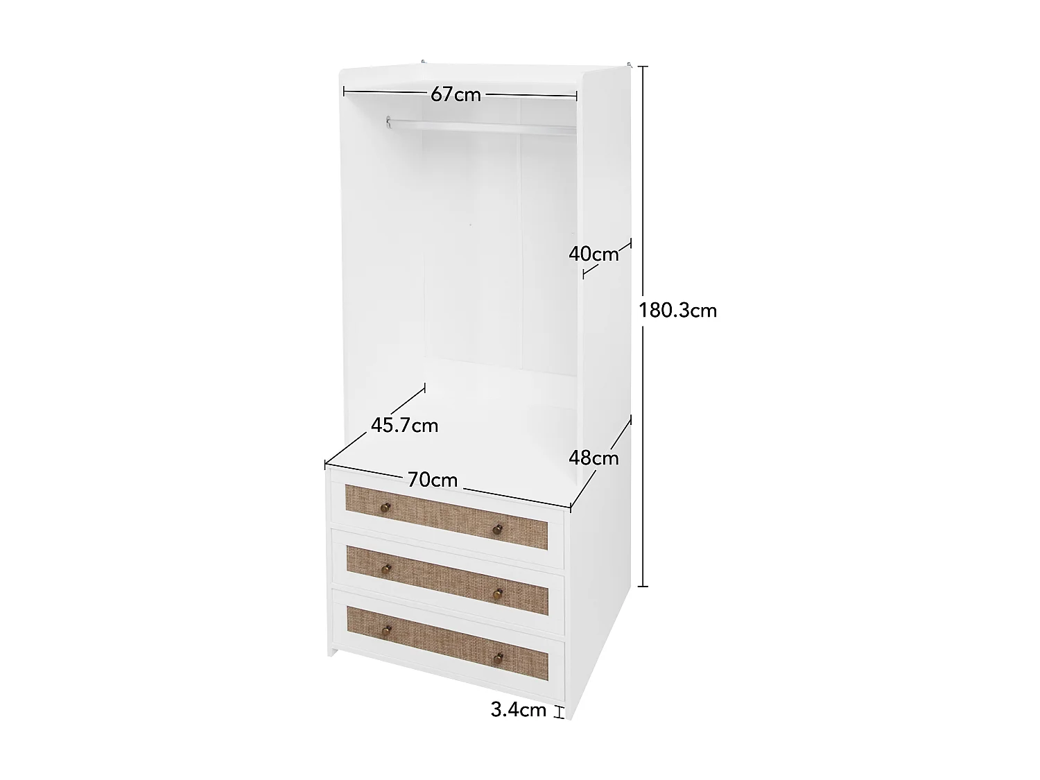 Guarda-roupa estilo boho branco com 3 gavetas e prateleira - 70 x 48 x 180 cm, prático e multifuncional para sala de estar, quarto ou escritório