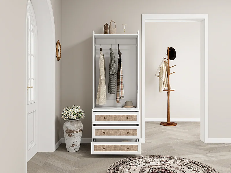 Guarda-roupa estilo boho branco com 3 gavetas e prateleira - 70 x 48 x 180 cm, prático e multifuncional para sala de estar, quarto ou escritório