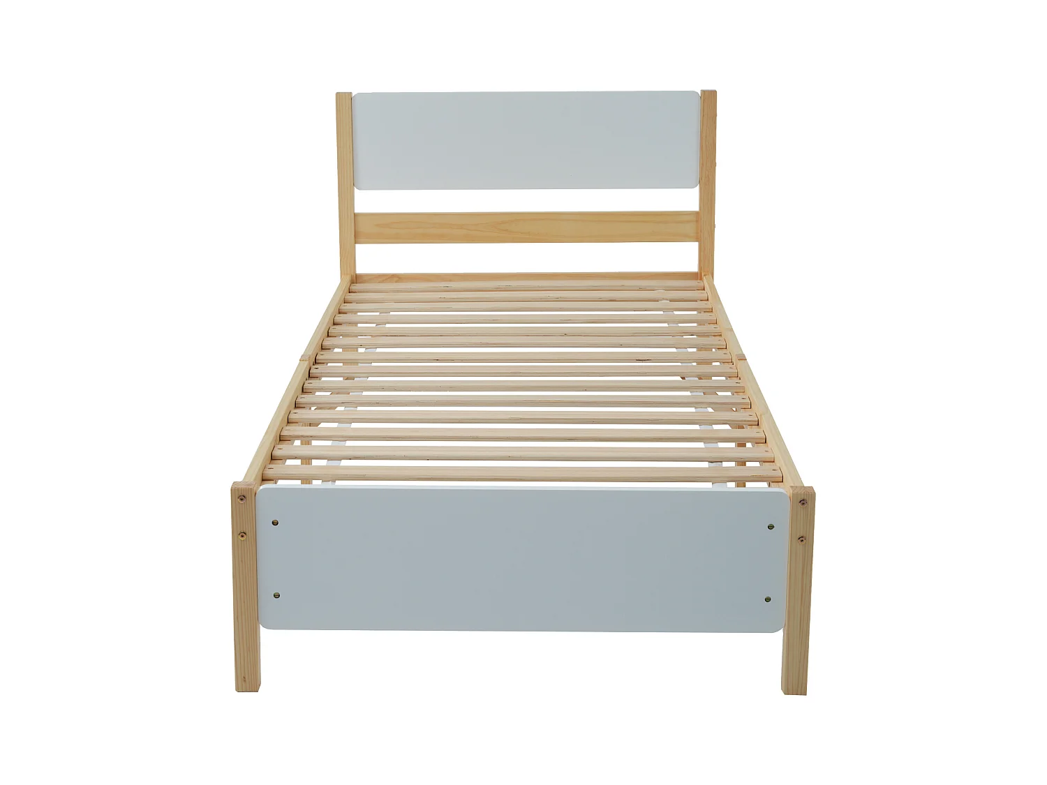 Cama individual 90x200 cm en pino y MDF blanco/natural – Con cabecero y piecero, para adolescentes o adultos
