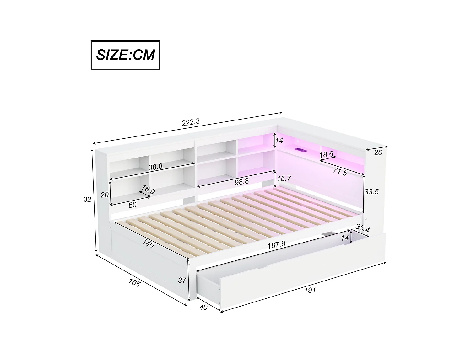 Slaapbank 140x200 cm in wit massief hout – XXL lades, LED, USB-aansluiting, planken en grote opbergruimtes