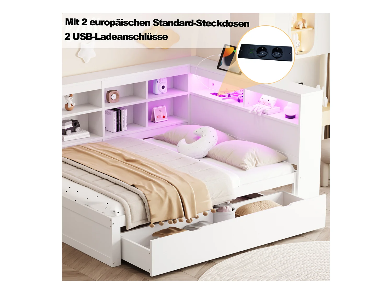 Slaapbank 140x200 cm in wit massief hout – XXL lades, LED, USB-aansluiting, planken en grote opbergruimtes