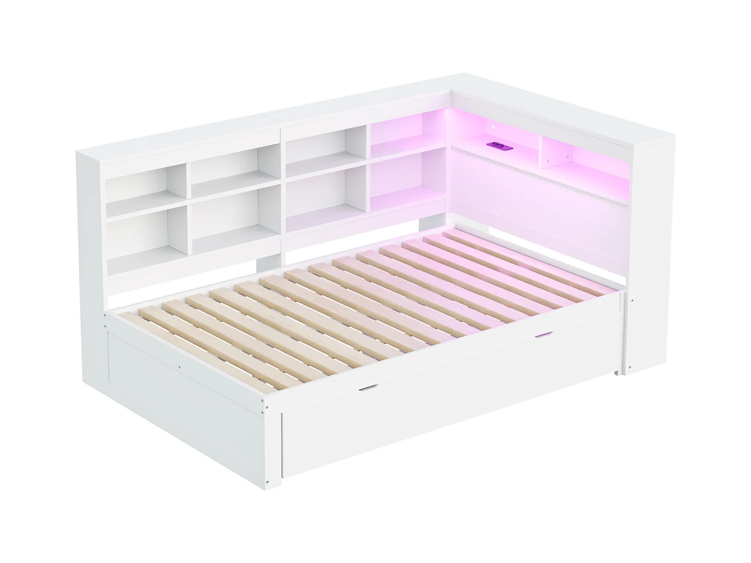 Slaapbank 140x200 cm in wit massief hout – XXL lades, LED, USB-aansluiting, planken en grote opbergruimtes