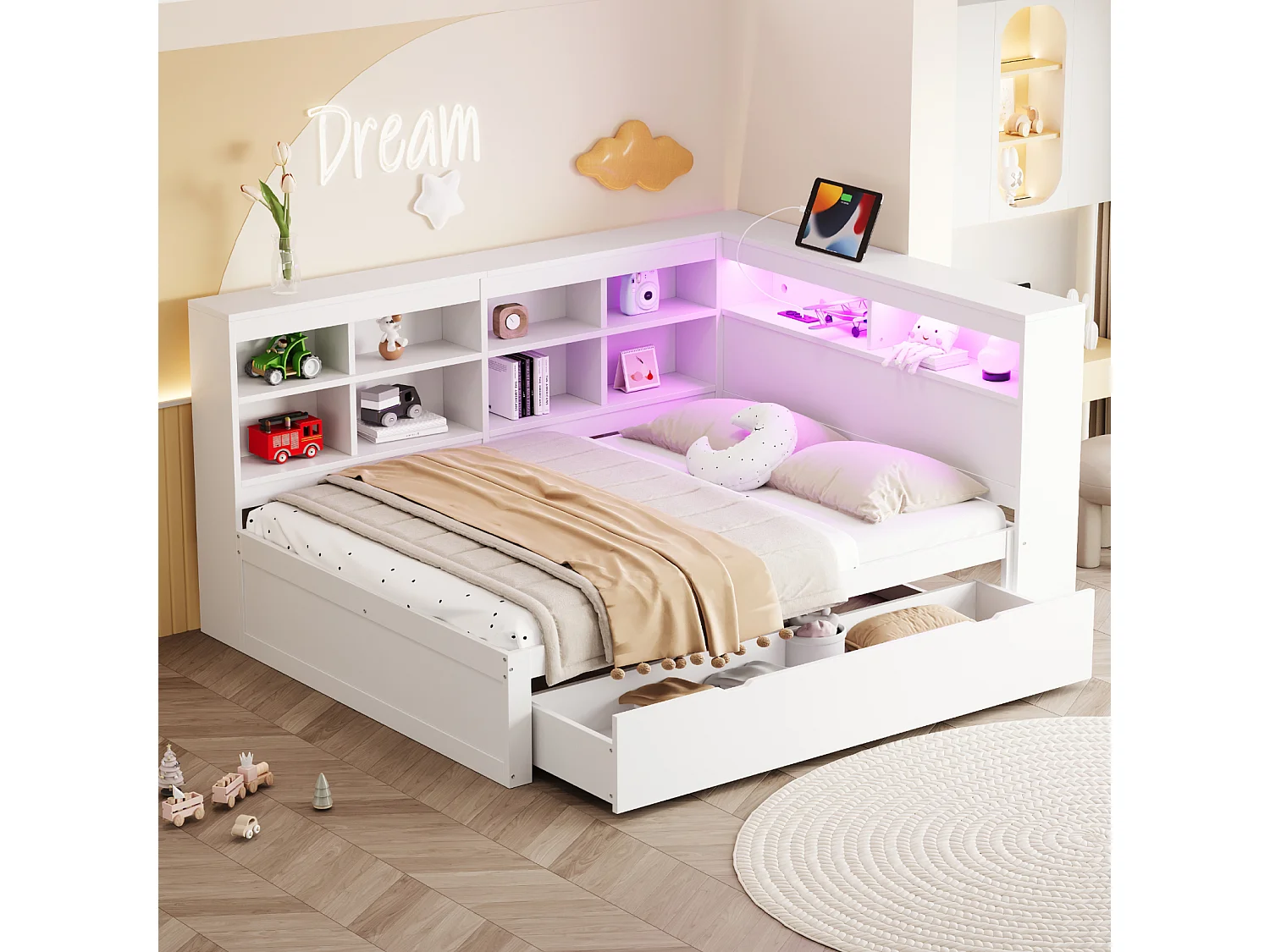 Sofá-cama 140x200 cm em madeira maciça branca – gavetas XXL, LED, porta USB, prateleiras e amplos espaços de arrumação