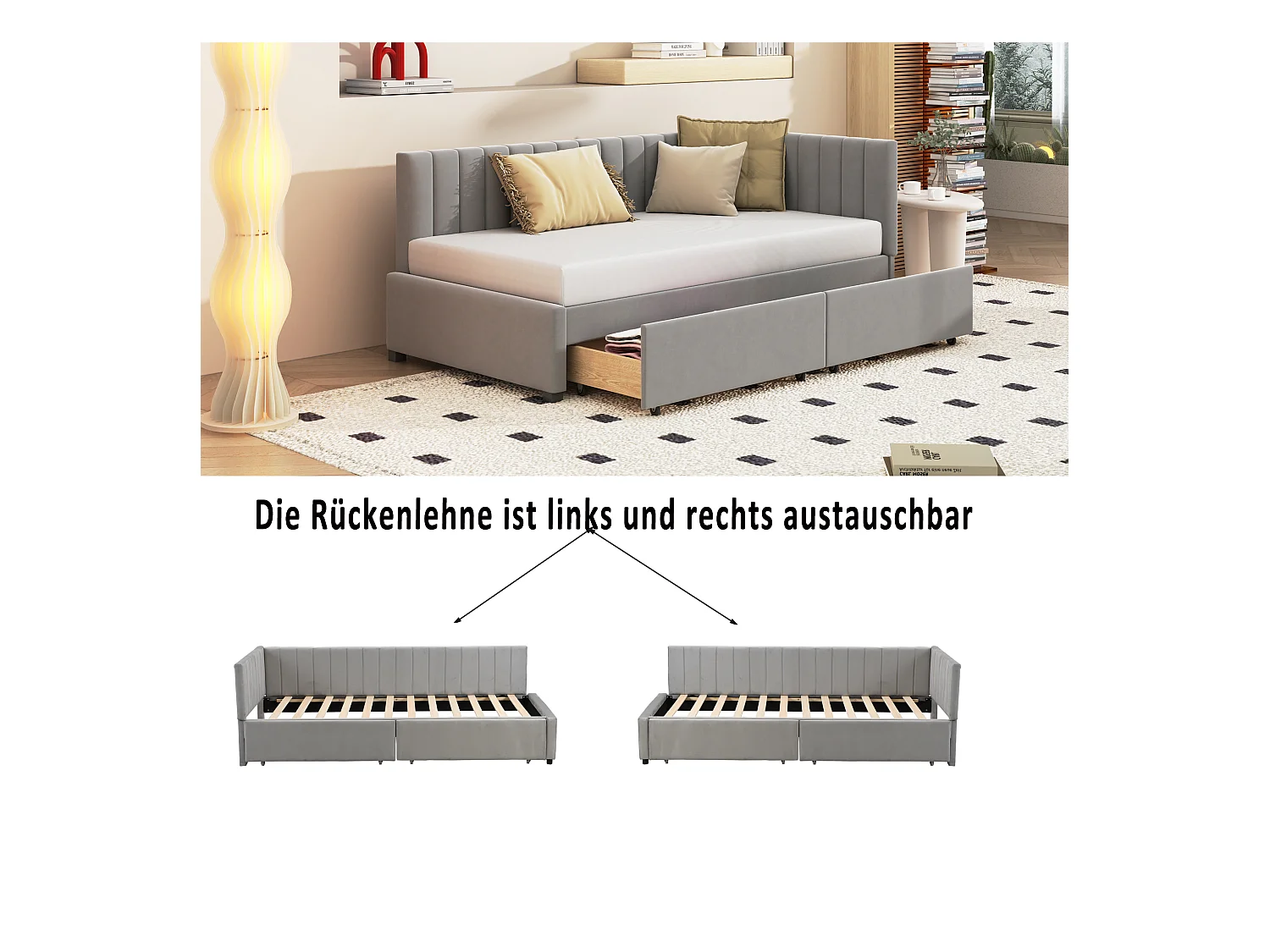 90x200 cm grijze fluwelen slaapbank met 2 grote lades en lattenbodem – Soft-touch multifunctioneel bed