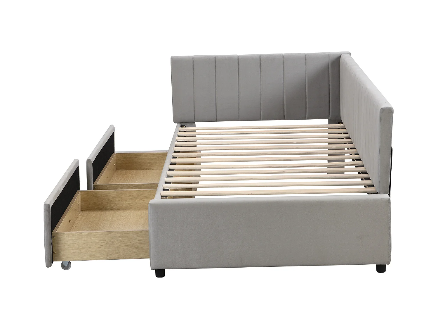 90x200 cm grijze fluwelen slaapbank met 2 grote lades en lattenbodem – Soft-touch multifunctioneel bed