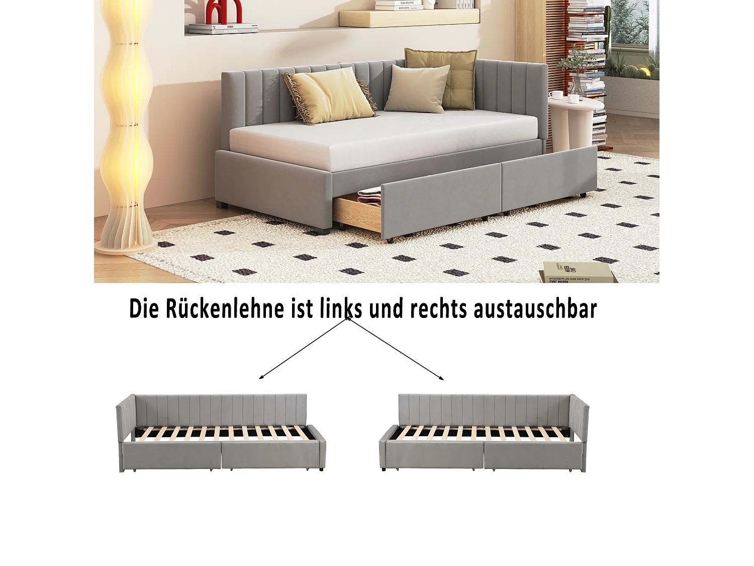 90x200 cm graues Samtschlafsofa mit 2 großen Schubladen und Lattenrost – Soft-Touch-Multifunktionsbett