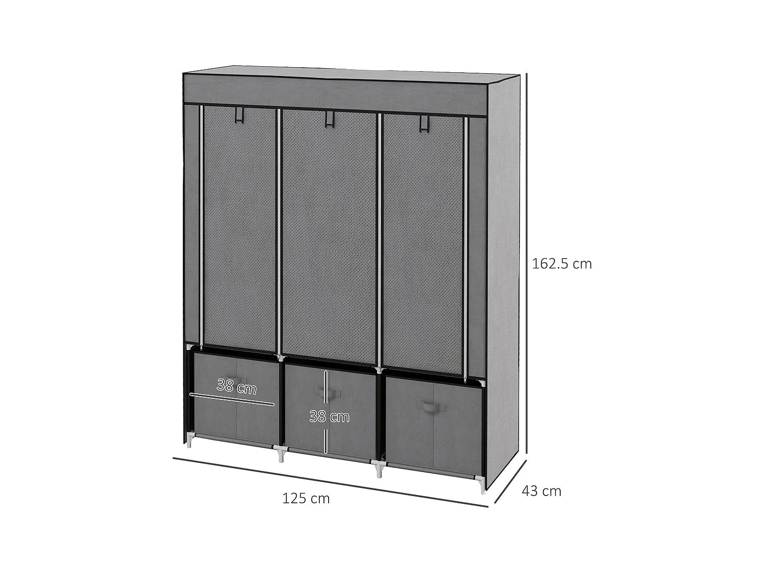 Armoire pliante en tissu avec fermeture éclair – Gris foncé, 125 x 43 x 162,5 cm, pratique et gain de place