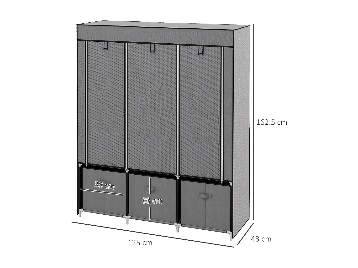 Armoire pliante en tissu avec fermeture éclair – Gris foncé, 125 x 43 x 162,5 cm, pratique et gain de place