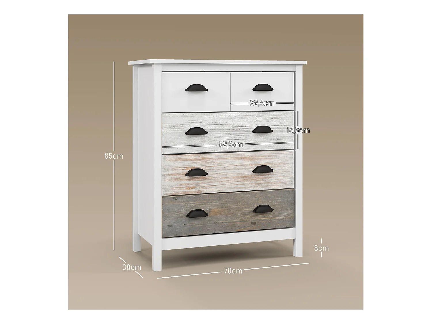 Commode de rangement blanche avec 5 tiroirs et protection anti-basculement – 70 x 38 x 85 cm, pratique pour chambre et salon