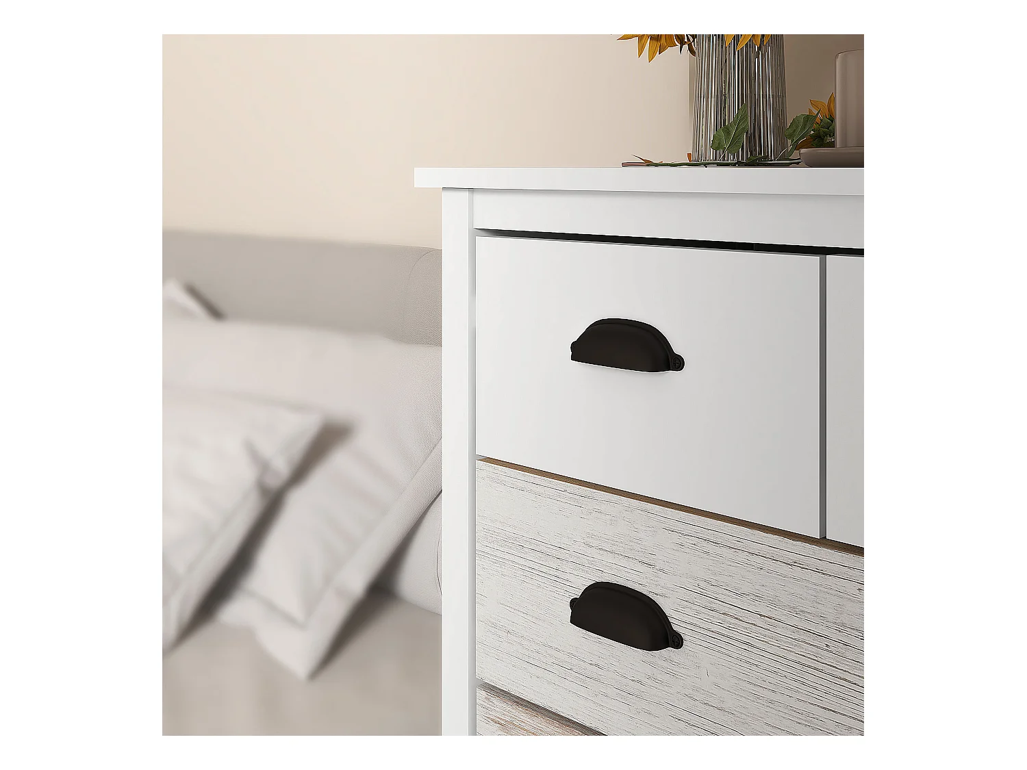 Commode de rangement blanche avec 5 tiroirs et protection anti-basculement – 70 x 38 x 85 cm, pratique pour chambre et salon