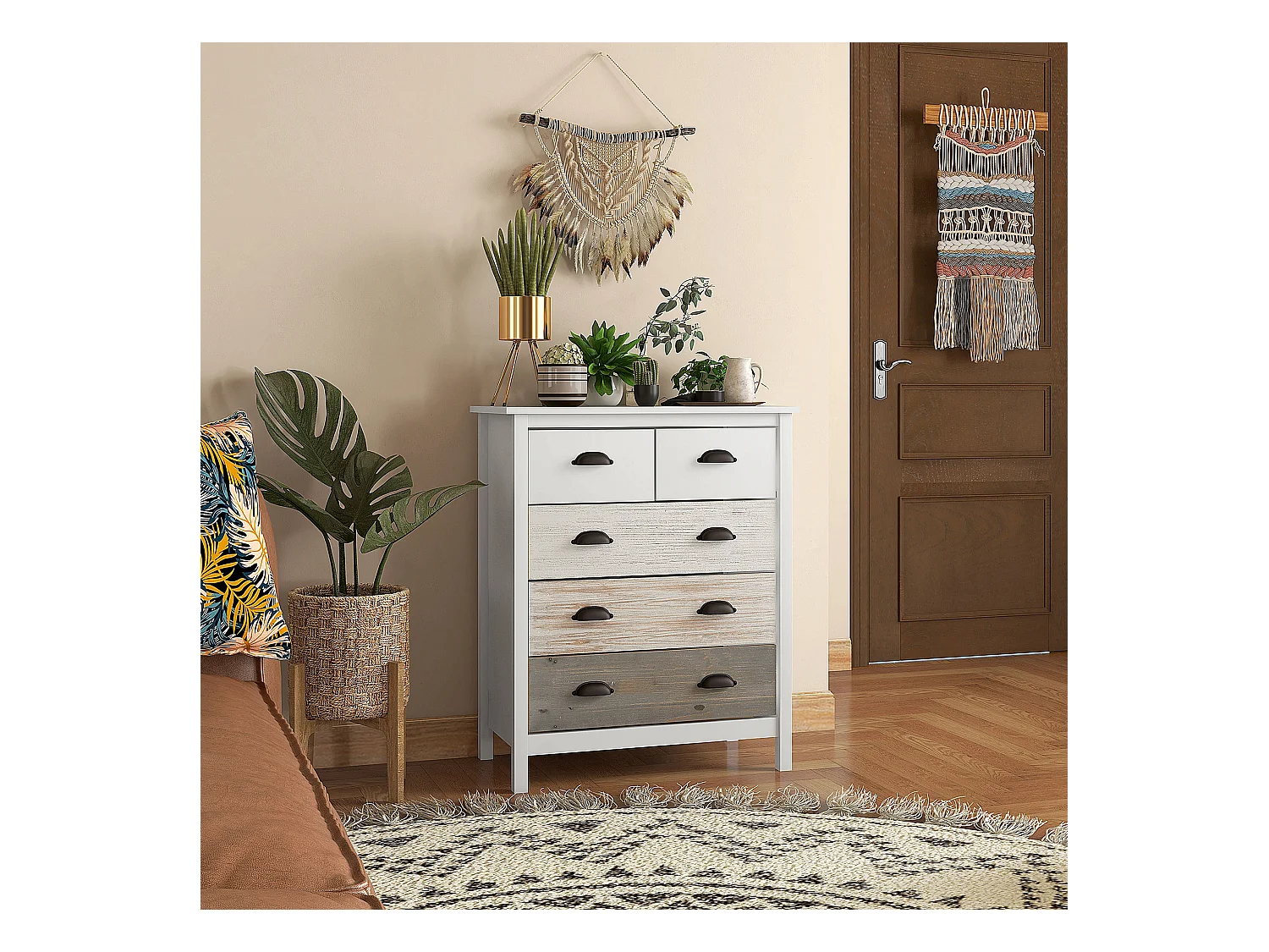 Commode de rangement blanche avec 5 tiroirs et protection anti-basculement – 70 x 38 x 85 cm, pratique pour chambre et salon