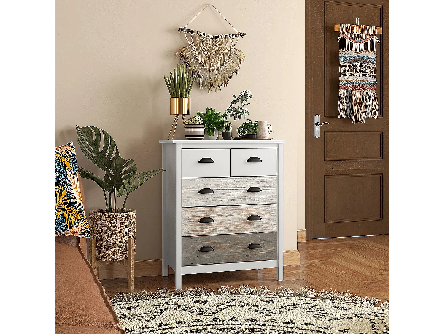 Cômoda branca com 5 gavetas e proteção anti-tombamento - 70 x 38 x 85 cm, prática para quarto e sala de estar