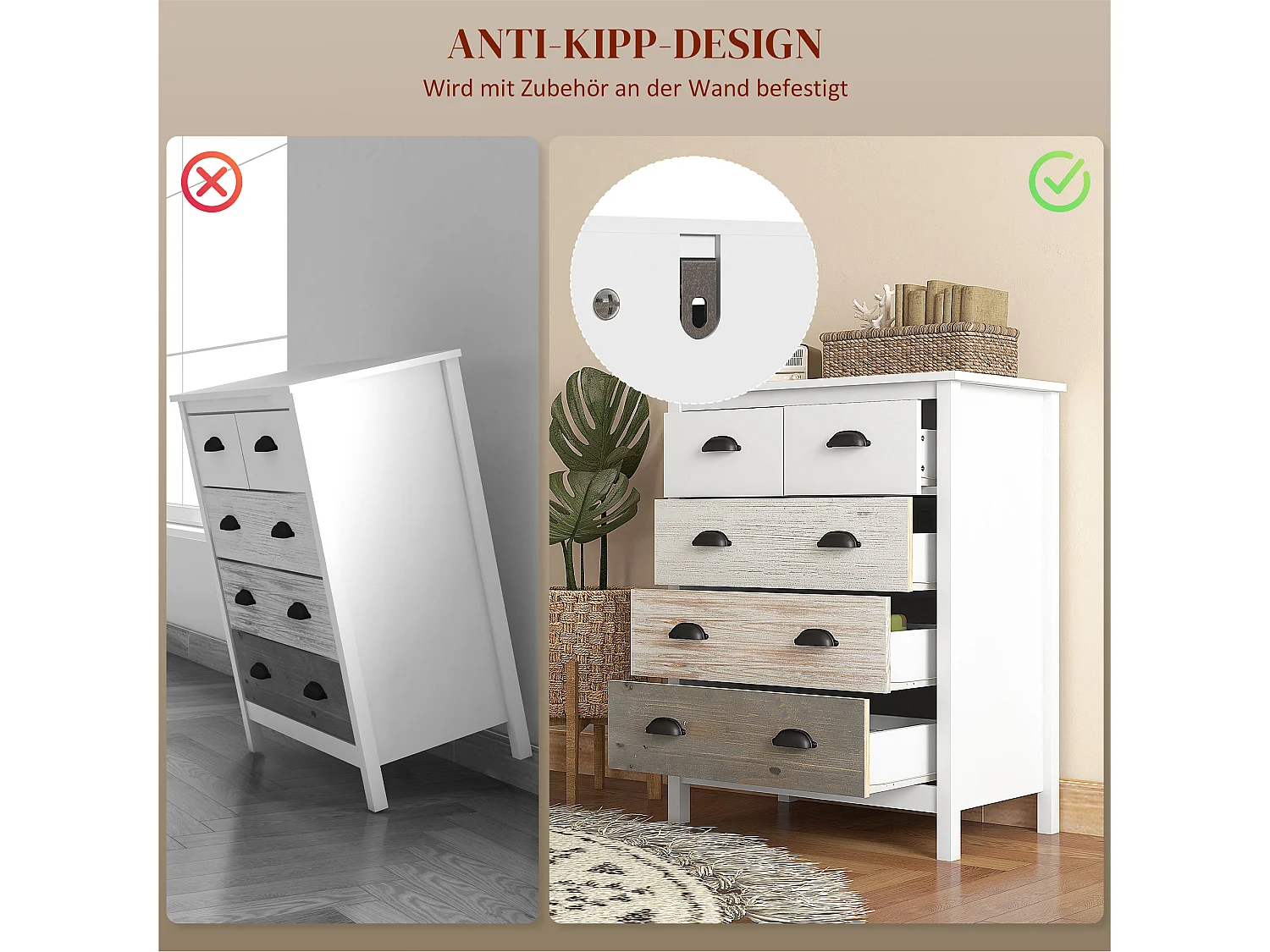 Cômoda branca com 5 gavetas e proteção anti-tombamento - 70 x 38 x 85 cm, prática para quarto e sala de estar