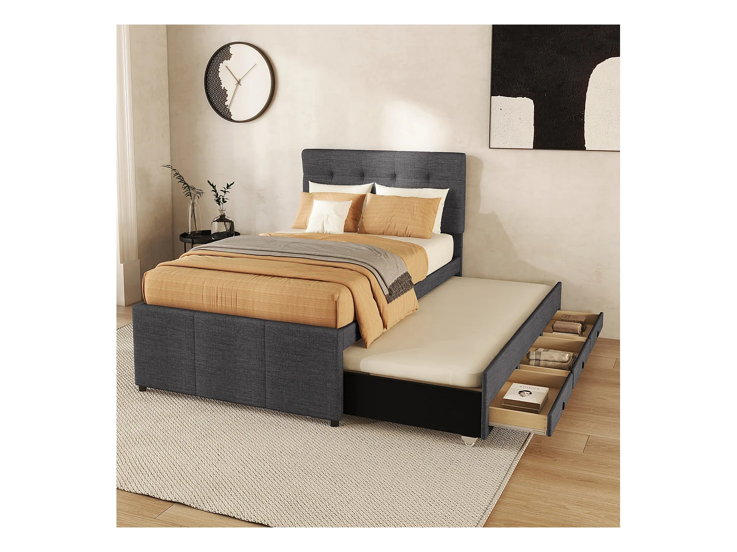 Cama familiar 90x200 cm en tela gris - Cama nido con 3 cajones, cabecero regulable, sin colchón