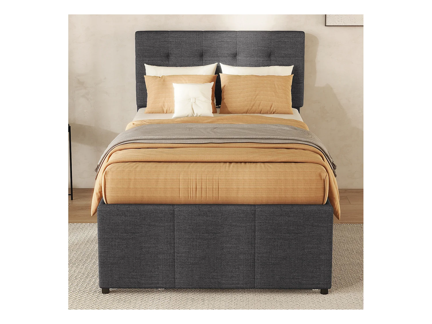 Cama familiar 90x200 cm en tela gris - Cama nido con 3 cajones, cabecero regulable, sin colchón