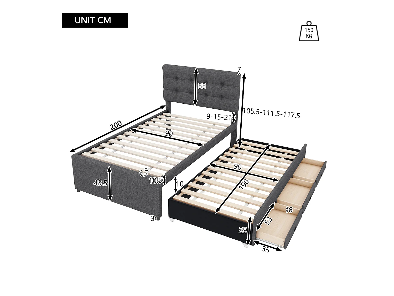 Cama familiar 90x200 cm en tela gris - Cama nido con 3 cajones, cabecero regulable, sin colchón