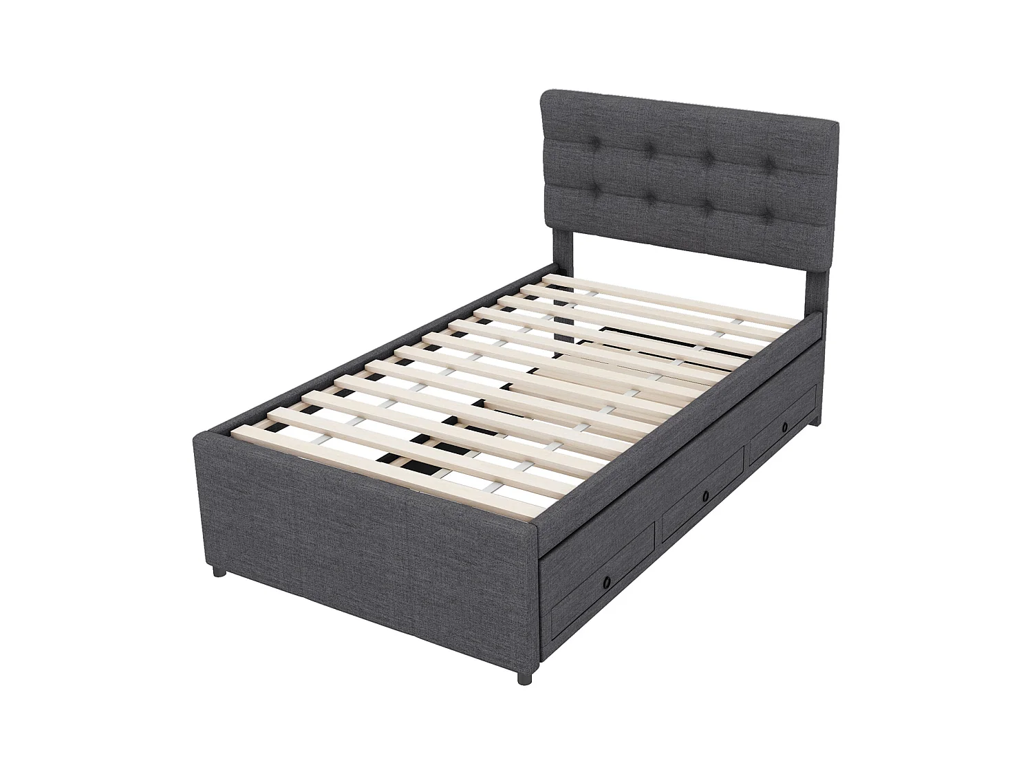 Cama familiar 90x200 cm en tela gris - Cama nido con 3 cajones, cabecero regulable, sin colchón