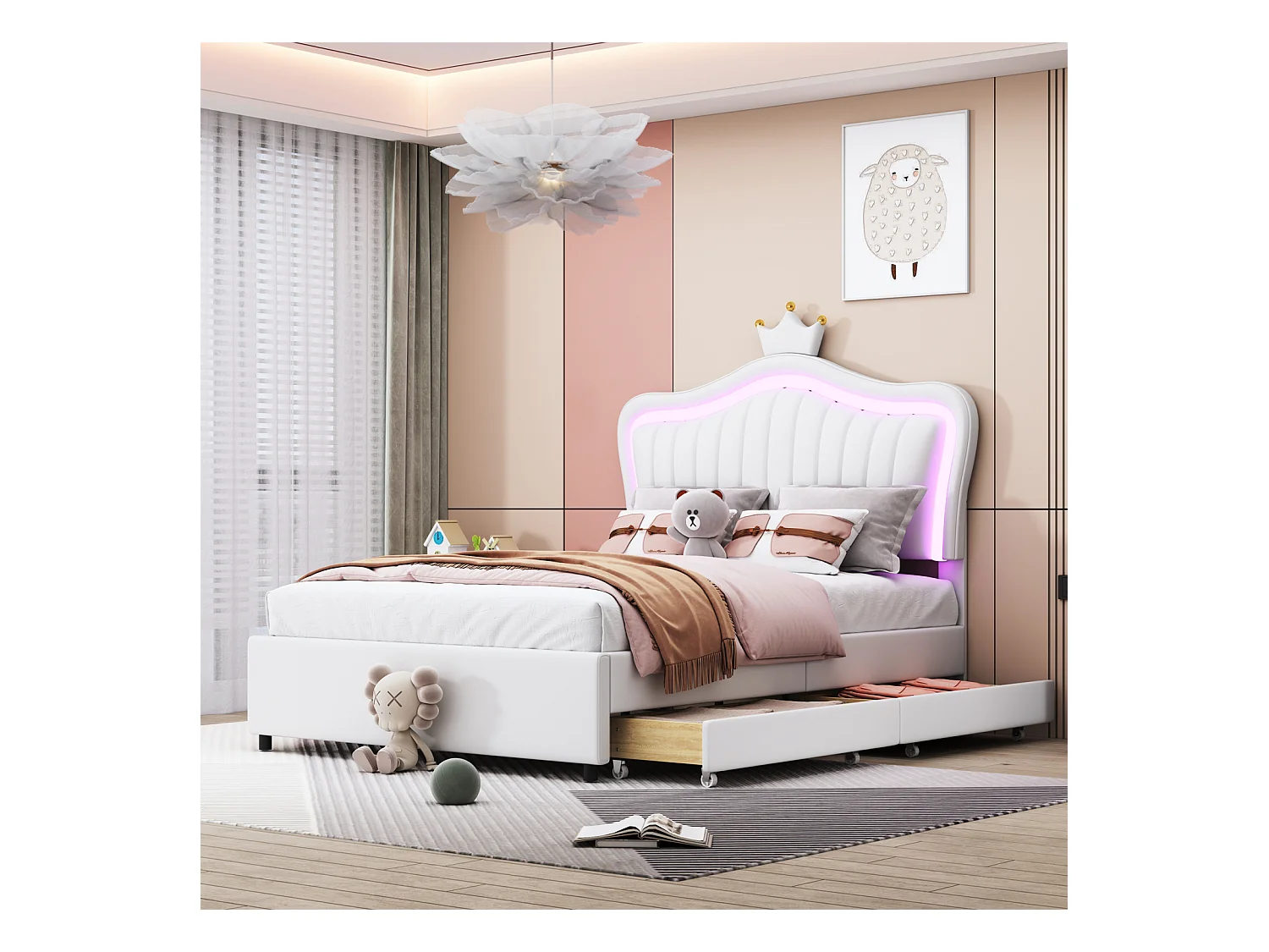 Mädchenbett 90x200 cm in weißem Kunstleder mit LED - Kronenkopfteil, Schubladen, Sockel und Rückenlehne inklusive