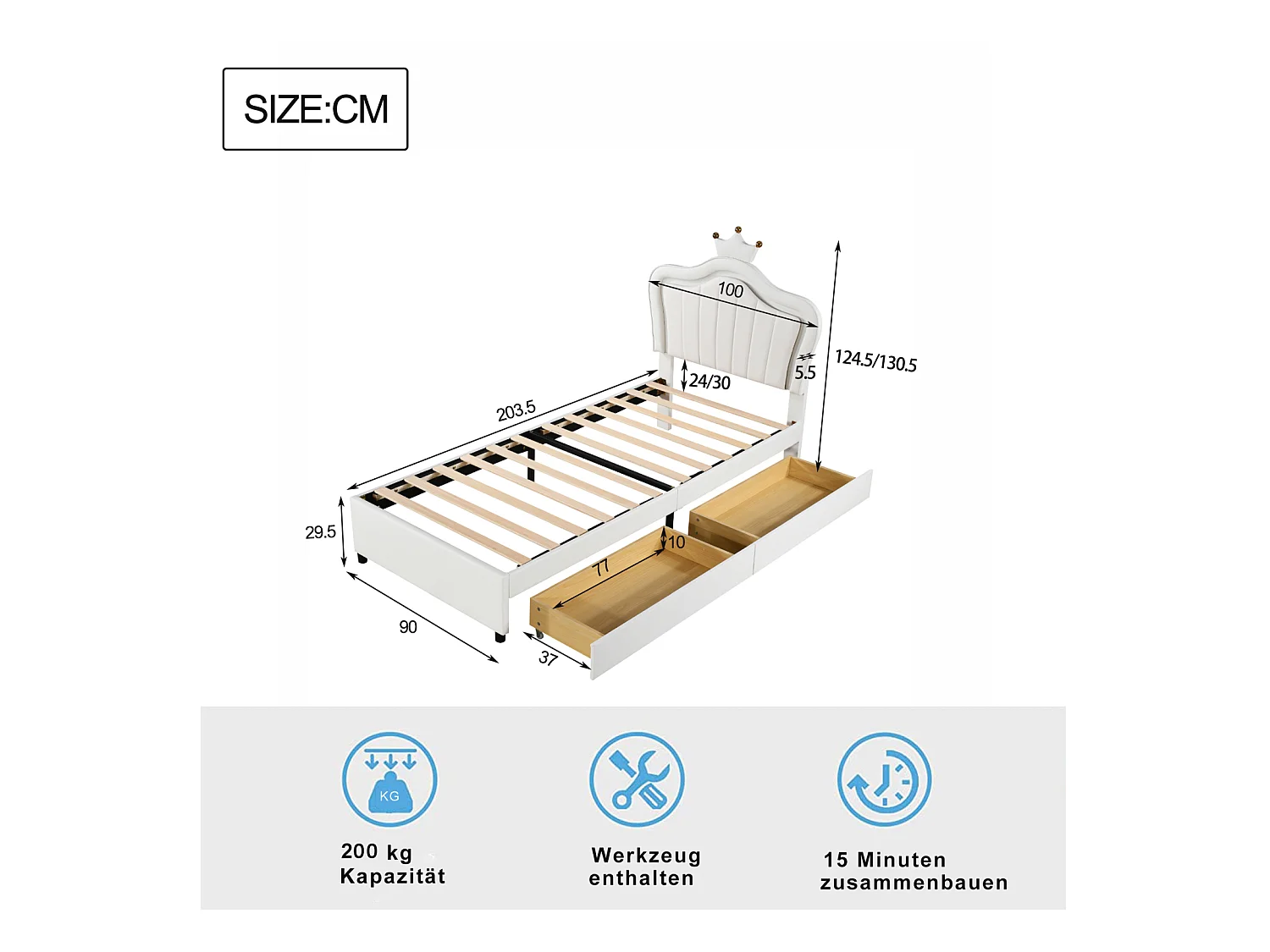 Mädchenbett 90x200 cm in weißem Kunstleder mit LED - Kronenkopfteil, Schubladen, Sockel und Rückenlehne inklusive