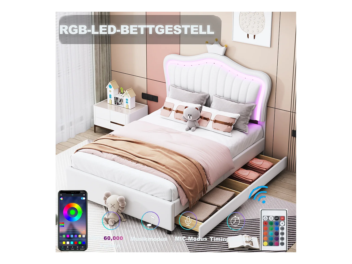 Mädchenbett 90x200 cm in weißem Kunstleder mit LED - Kronenkopfteil, Schubladen, Sockel und Rückenlehne inklusive