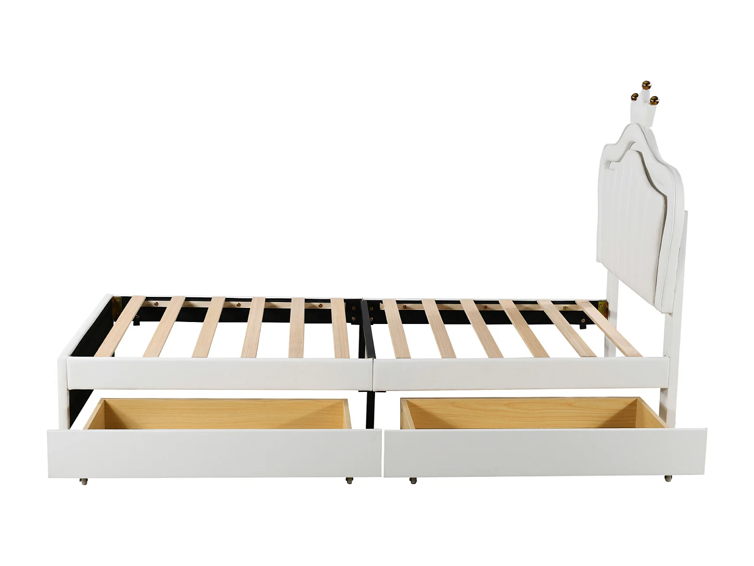 Letto per bambina 90x200 cm in similpelle bianca con LED - Testiera Crown, cassetti portaoggetti, base e schienale inclusi