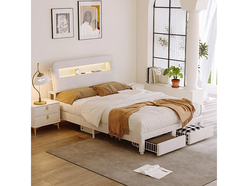Cama de terciopelo beige con almacenaje, 160 x 200 cm, cabecero con almacenaje, puertos de carga USB, iluminación LED integrada, 2 cajones.