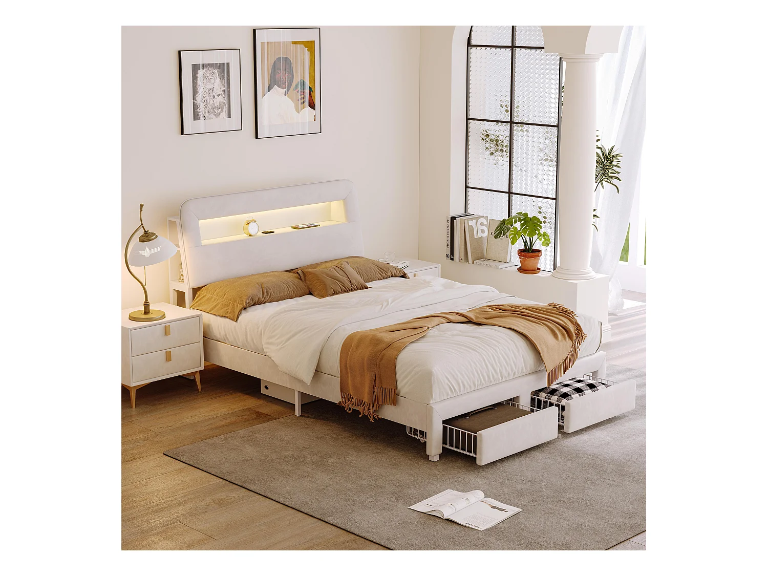 Lit coffre 160x200 cm en velours beige, tête de lit avec rangements, ports de charge USB, éclairage LED intégré, 2 tiroirs de rangement