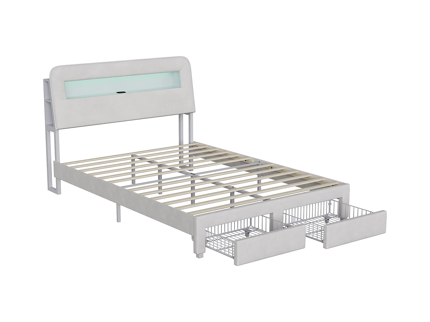 Lit coffre 160x200 cm en velours beige, tête de lit avec rangements, ports de charge USB, éclairage LED intégré, 2 tiroirs de rangement