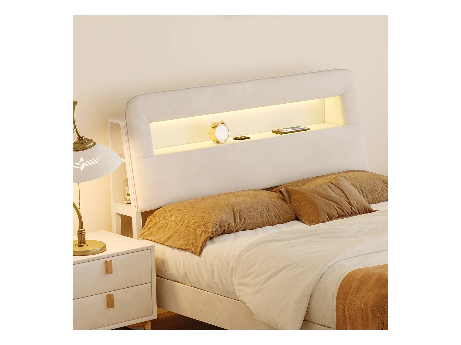 Lit coffre 160x200 cm en velours beige, tête de lit avec rangements, ports de charge USB, éclairage LED intégré, 2 tiroirs de rangement
