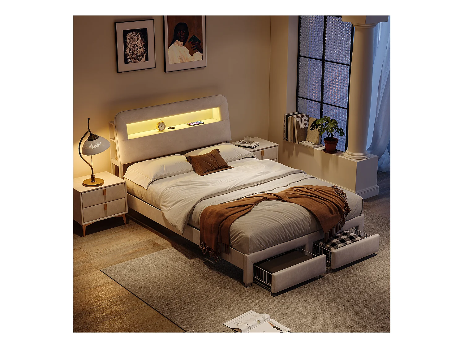 Lit coffre 160x200 cm en velours beige, tête de lit avec rangements, ports de charge USB, éclairage LED intégré, 2 tiroirs de rangement