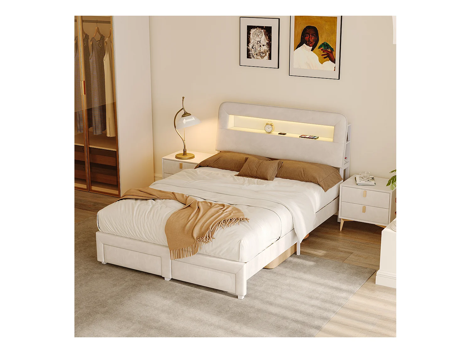 Lit coffre 160x200 cm en velours beige, tête de lit avec rangements, ports de charge USB, éclairage LED intégré, 2 tiroirs de rangement