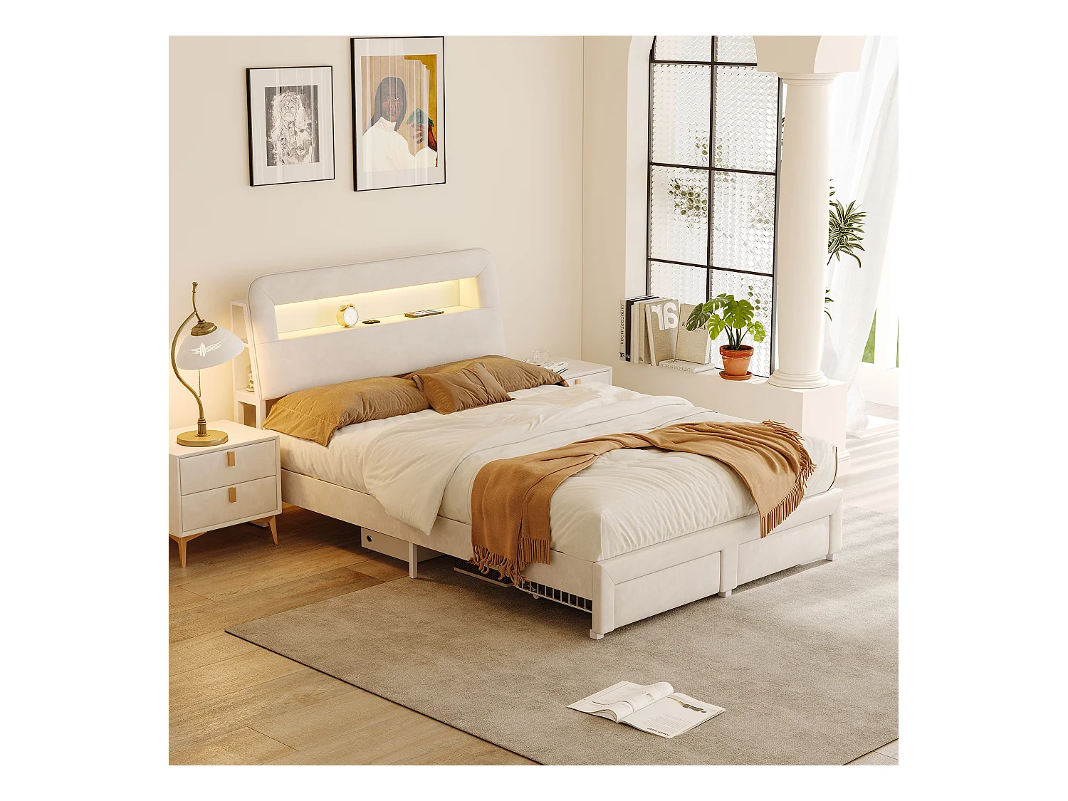 Lit coffre 160x200 cm en velours beige, tête de lit avec rangements, ports de charge USB, éclairage LED intégré, 2 tiroirs de rangement