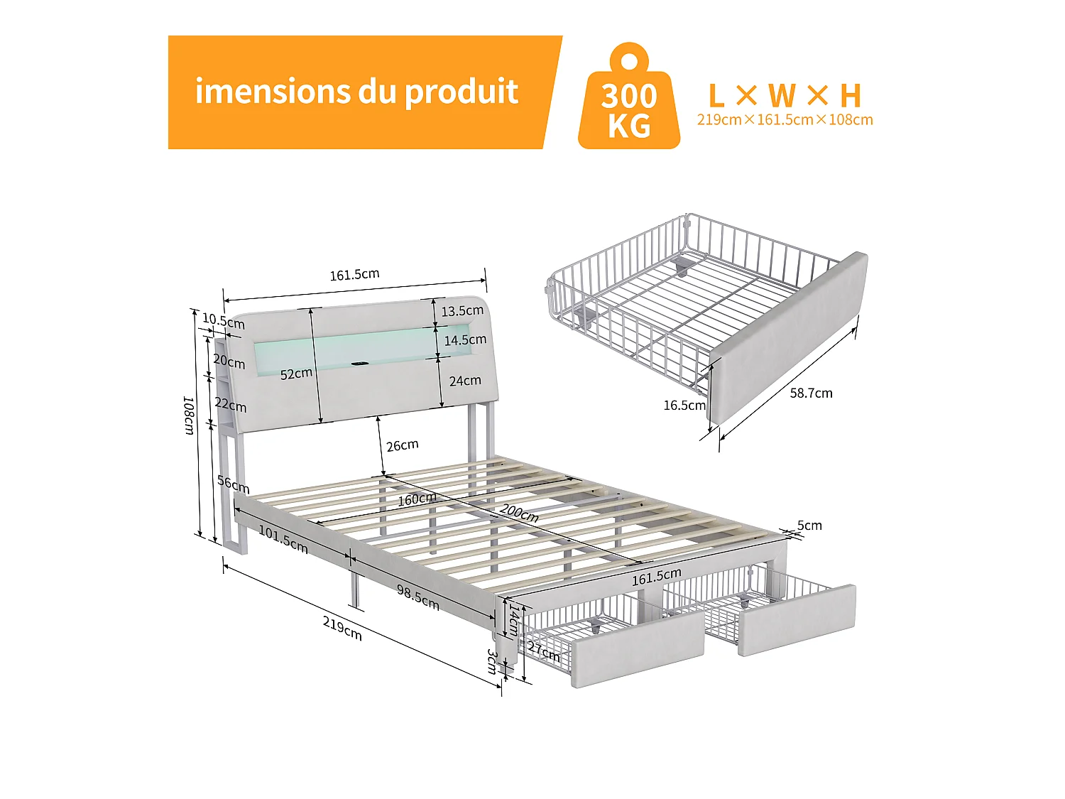 Lit coffre 160x200 cm en velours beige, tête de lit avec rangements, ports de charge USB, éclairage LED intégré, 2 tiroirs de rangement