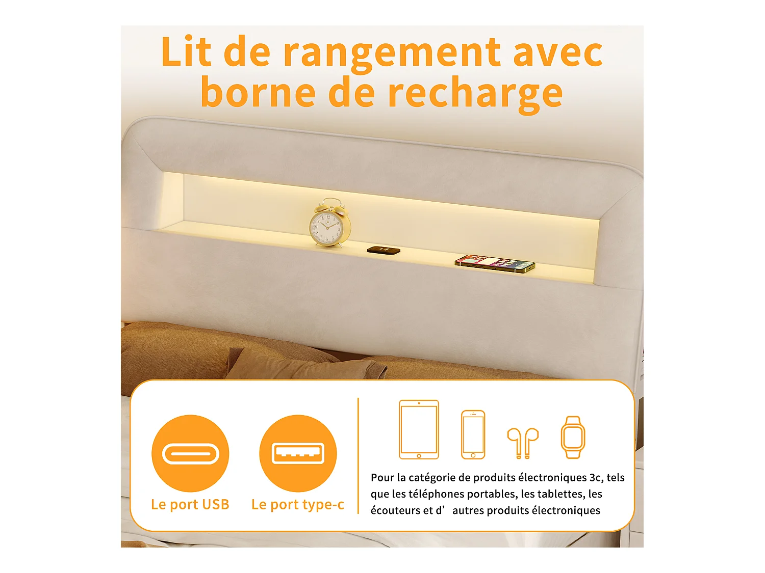 Lit coffre 160x200 cm en velours beige, tête de lit avec rangements, ports de charge USB, éclairage LED intégré, 2 tiroirs de rangement