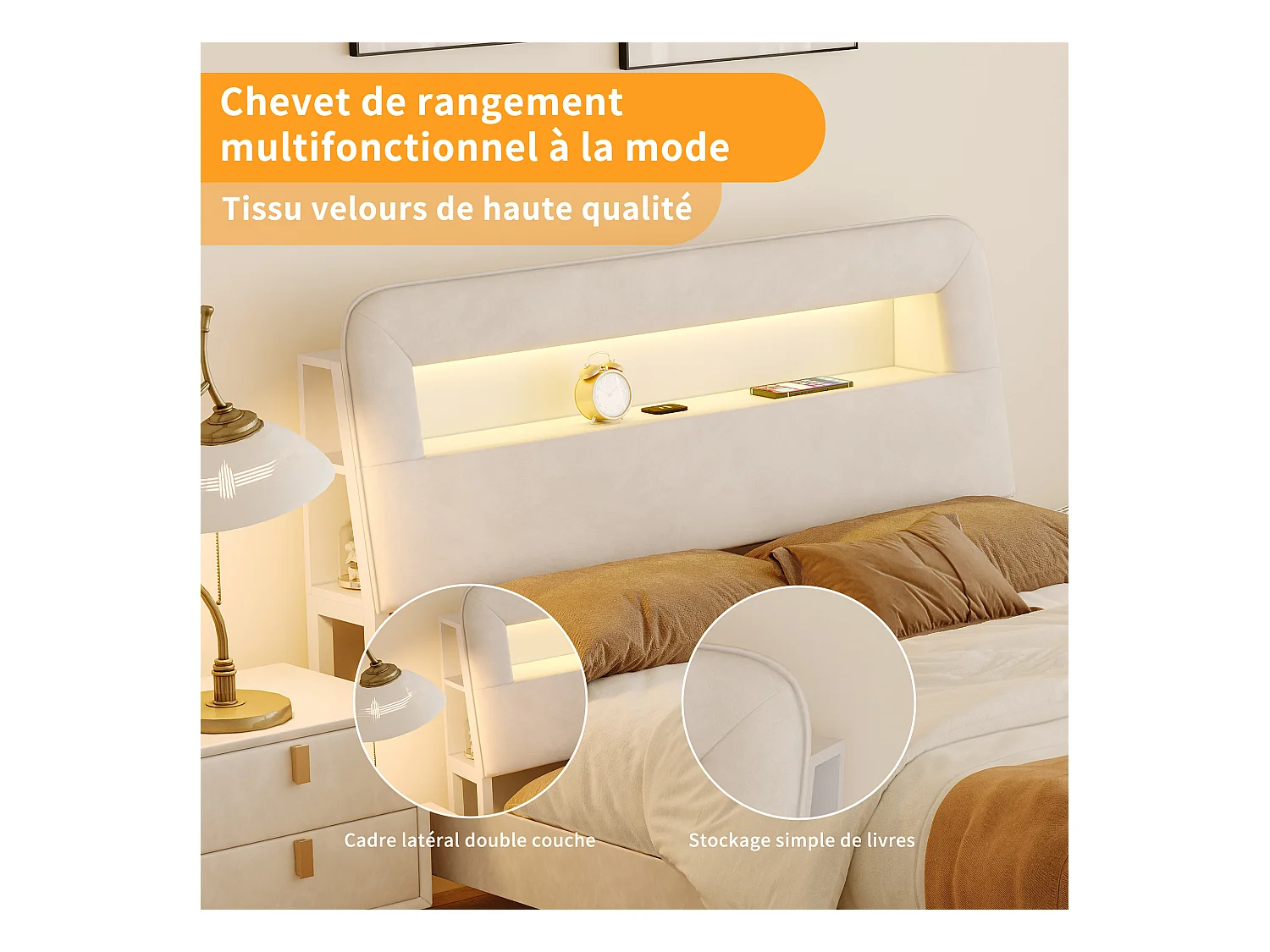 Lit coffre 160x200 cm en velours beige, tête de lit avec rangements, ports de charge USB, éclairage LED intégré, 2 tiroirs de rangement
