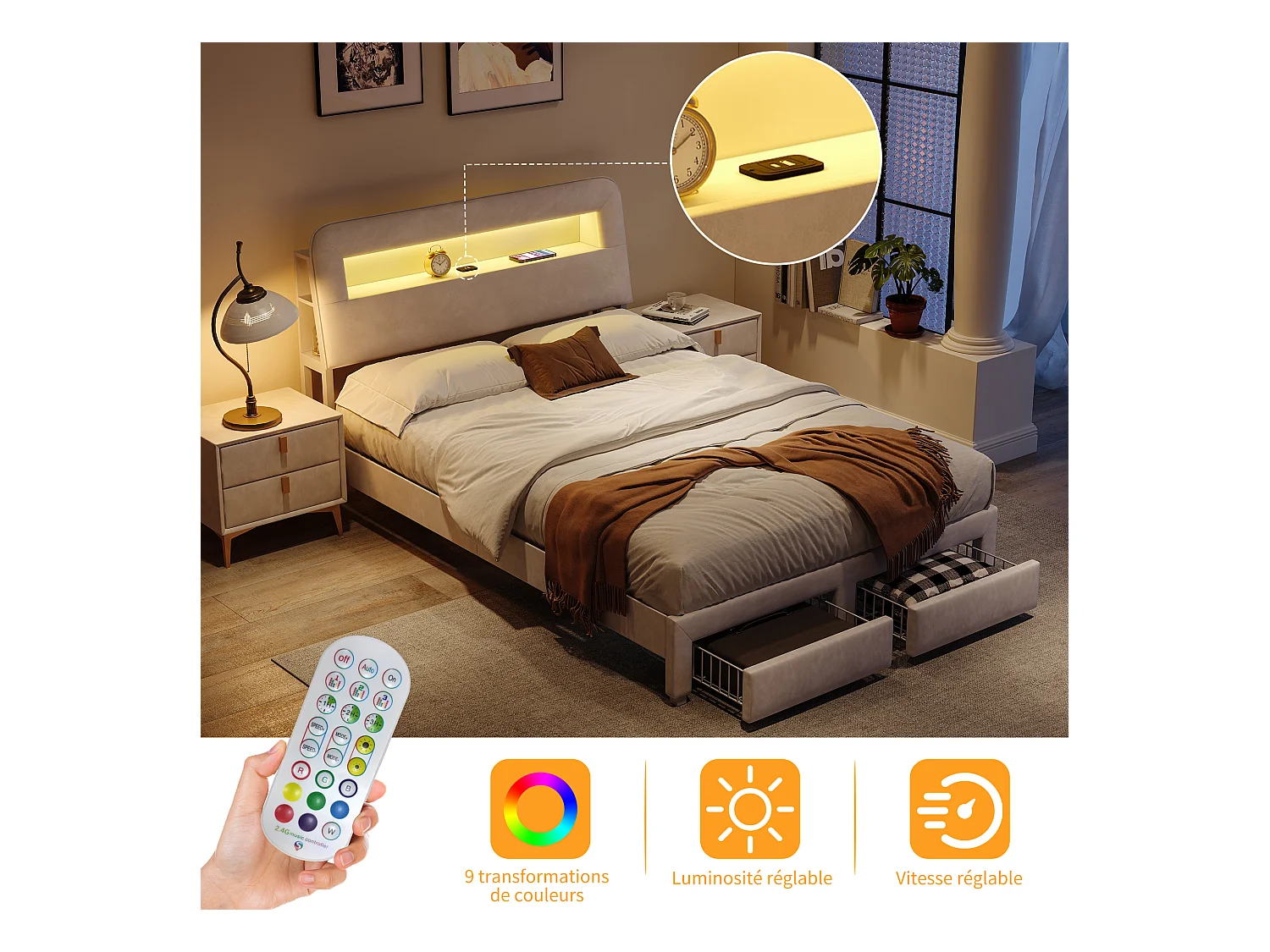 Lit coffre 160x200 cm en velours beige, tête de lit avec rangements, ports de charge USB, éclairage LED intégré, 2 tiroirs de rangement