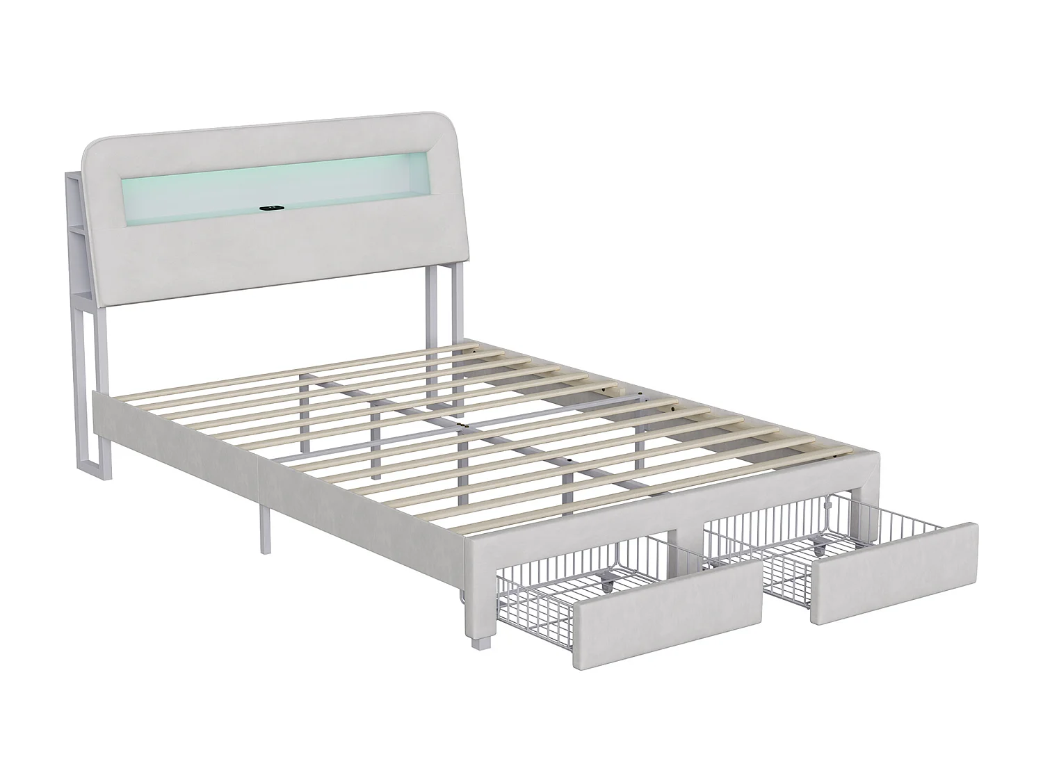 Beige fluwelen bed met opbergruimte, 160x200 cm, hoofdbord met opbergruimte, USB-oplaadpoorten, geïntegreerde ledverlichting, 2 opberglades