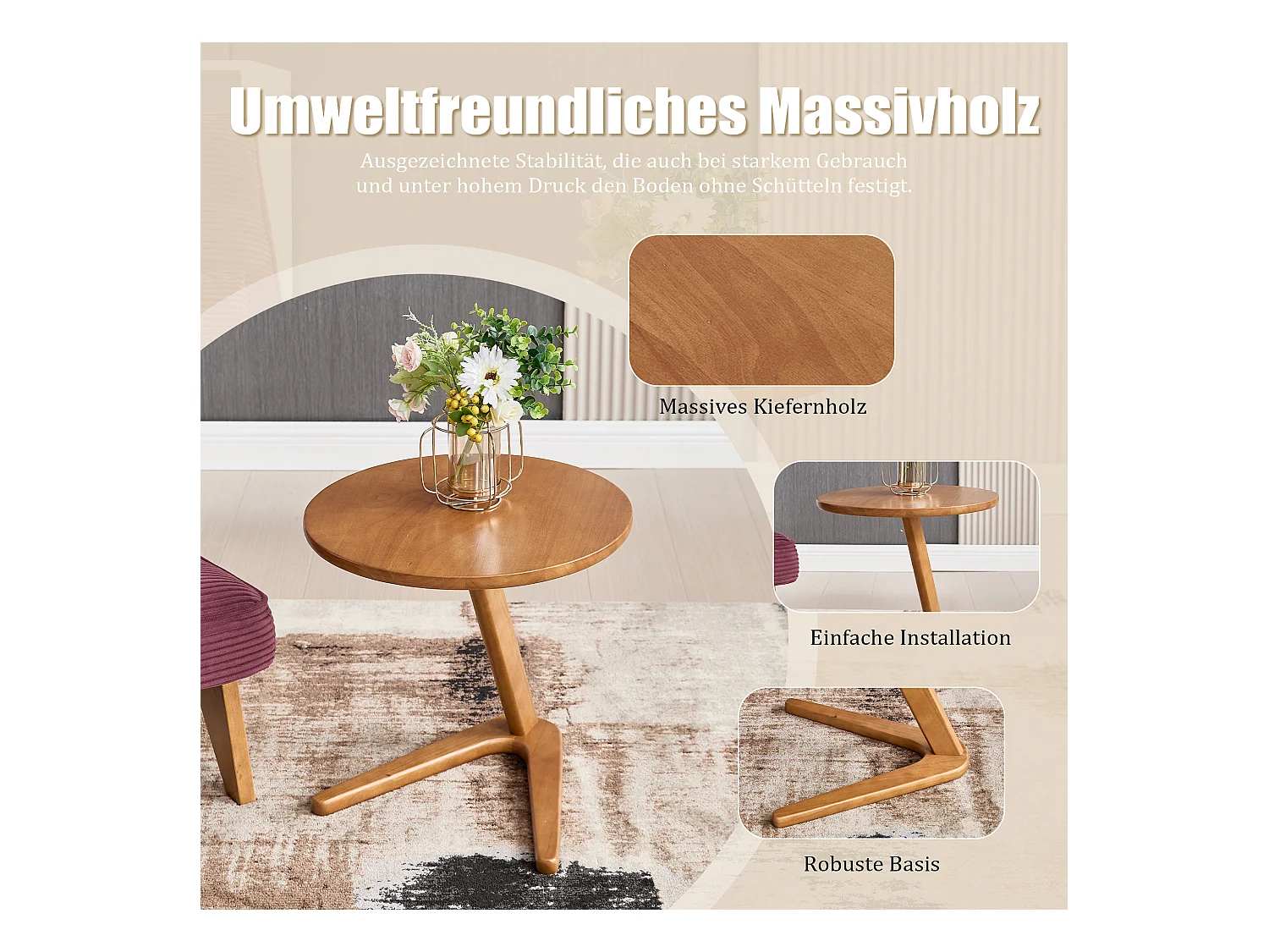 Sienna - Table Basse d'Appoint - Table Basse Roulante avec Structure en Z Renforcée - Glisse sous le Canapé - Bois Massif 50×44cm - Salon, Chambre, Balcon