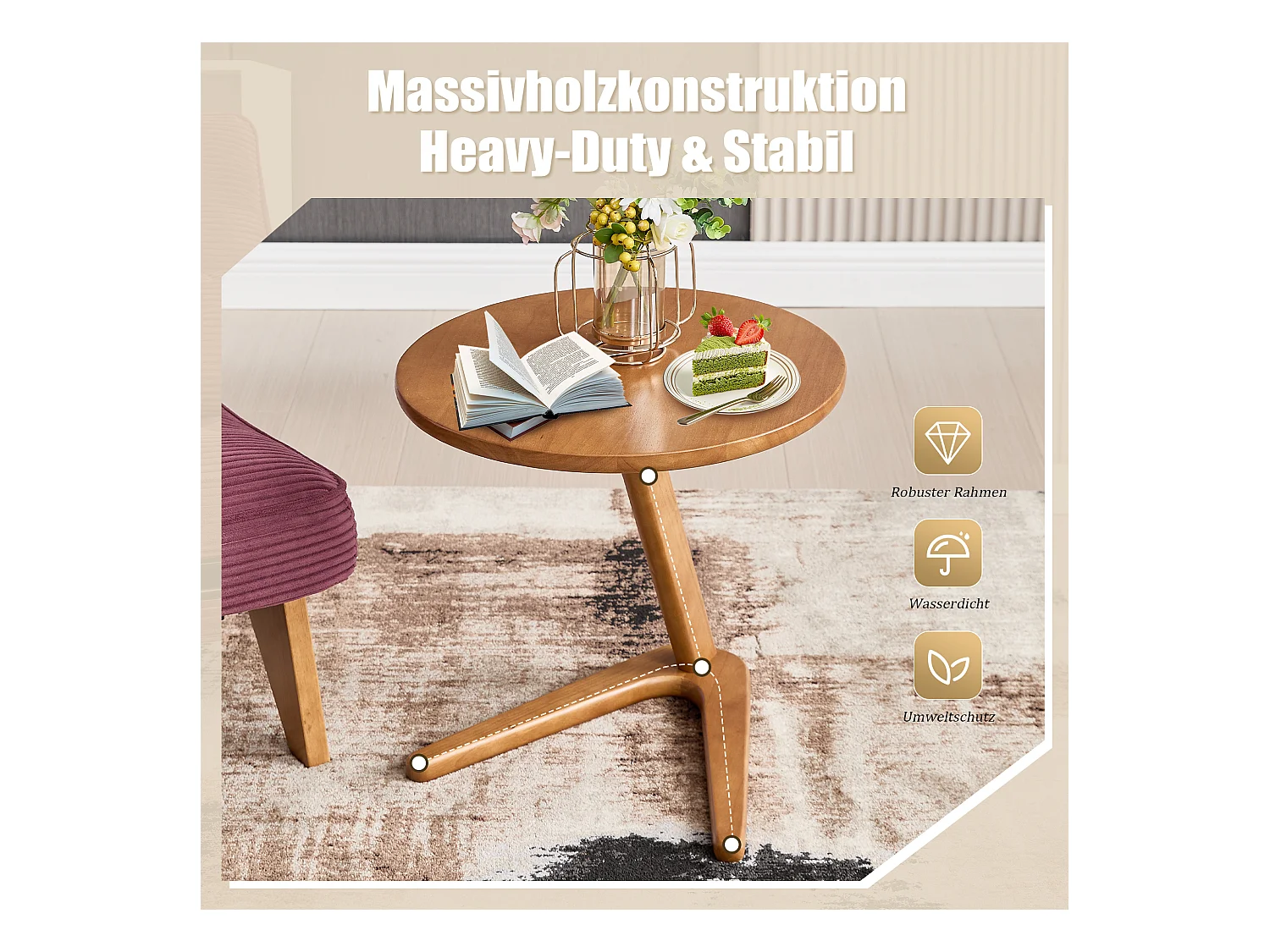 Sienna - Table Basse d'Appoint - Table Basse Roulante avec Structure en Z Renforcée - Glisse sous le Canapé - Bois Massif 50×44cm - Salon, Chambre, Balcon