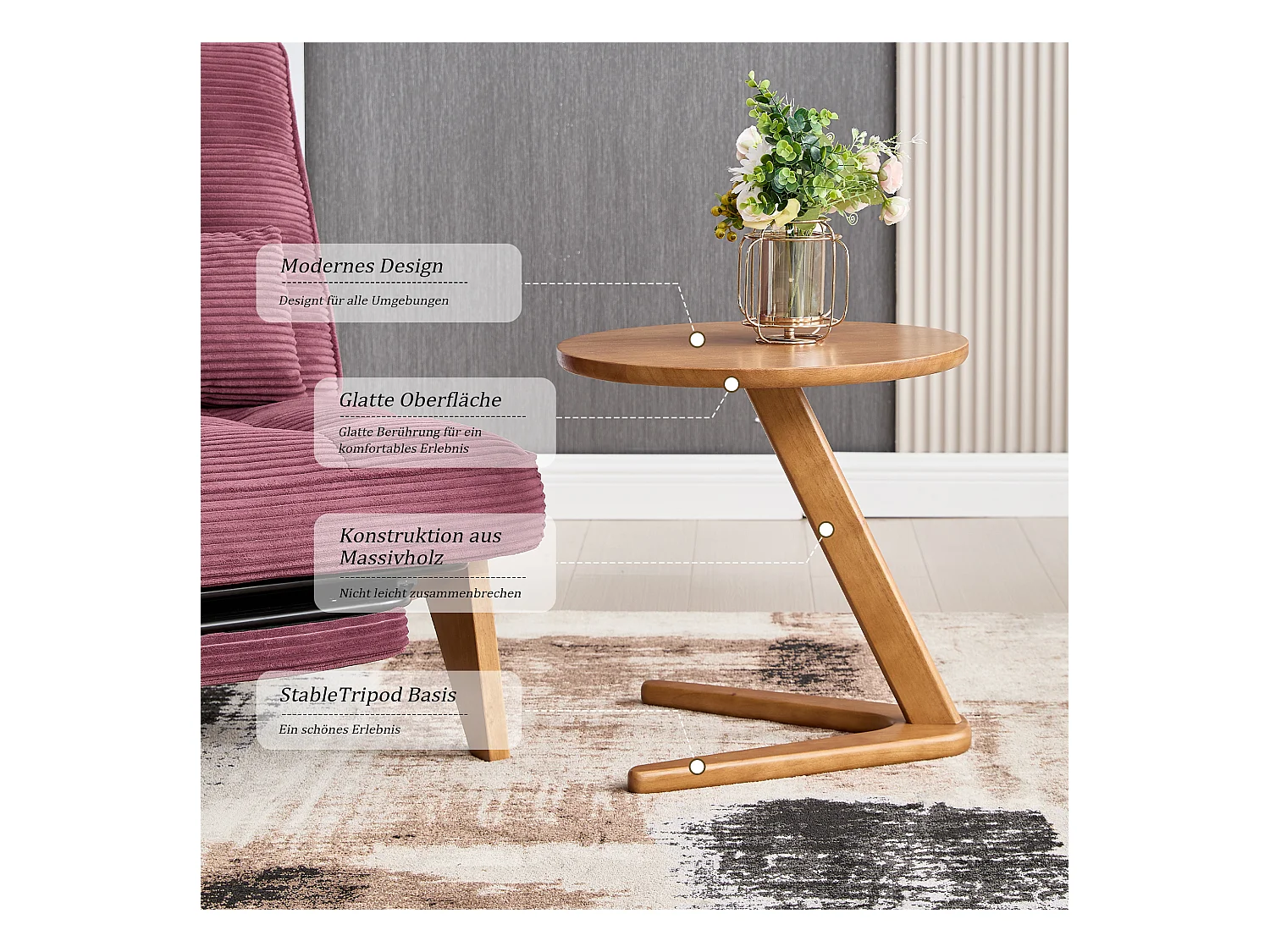 Sienna - Table Basse d'Appoint - Table Basse Roulante avec Structure en Z Renforcée - Glisse sous le Canapé - Bois Massif 50×44cm - Salon, Chambre, Balcon