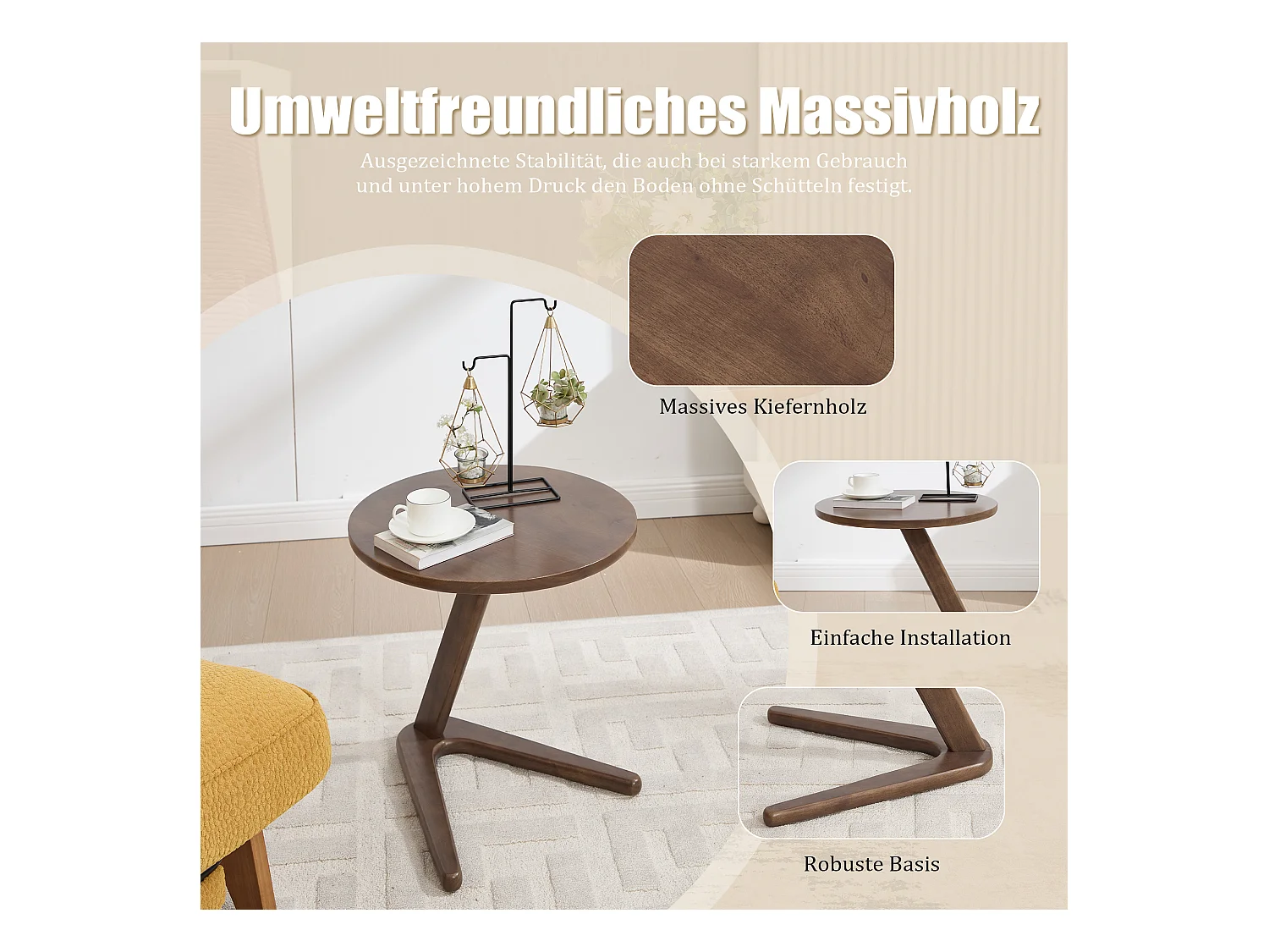 Sienna - Table Basse d'Appoint - Table Basse Roulante avec Structure en Z Renforcée - Glisse sous le Canapé - Bois Massif 50×44cm - Salon, Chambre, Balcon