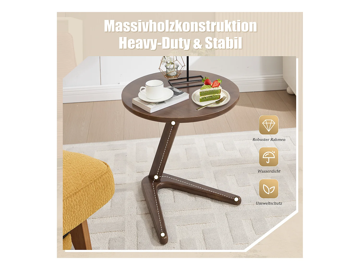 Sienna - Table Basse d'Appoint - Table Basse Roulante avec Structure en Z Renforcée - Glisse sous le Canapé - Bois Massif 50×44cm - Salon, Chambre, Balcon