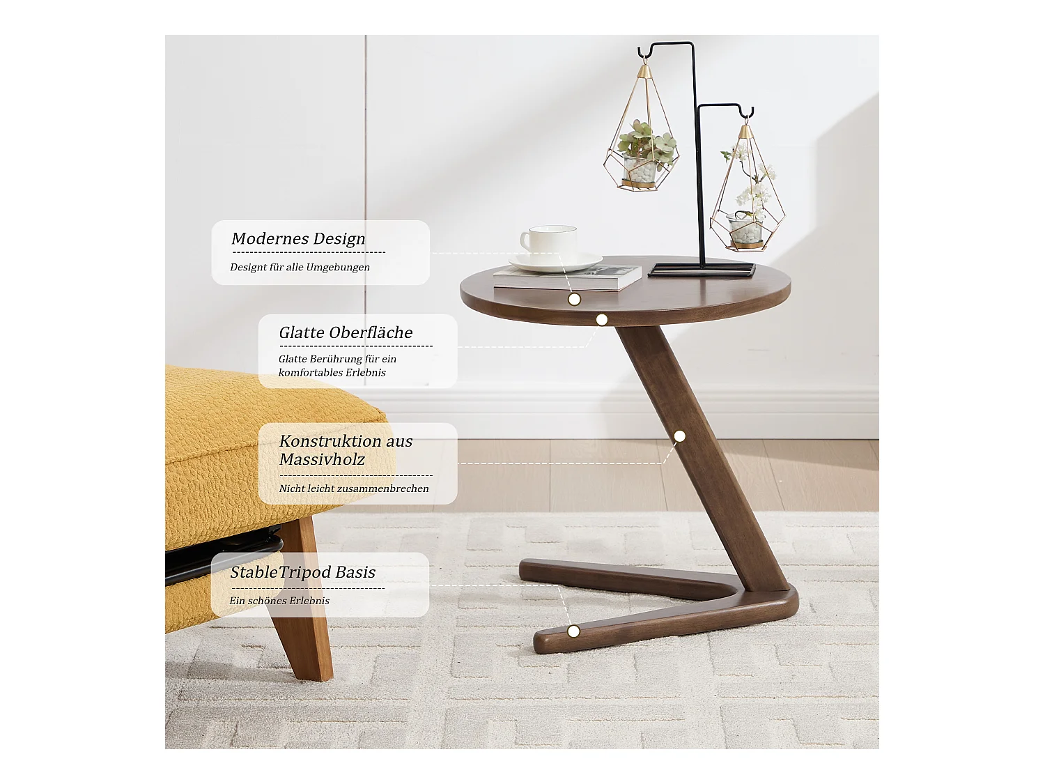 Sienna - Table Basse d'Appoint - Table Basse Roulante avec Structure en Z Renforcée - Glisse sous le Canapé - Bois Massif 50×44cm - Salon, Chambre, Balcon