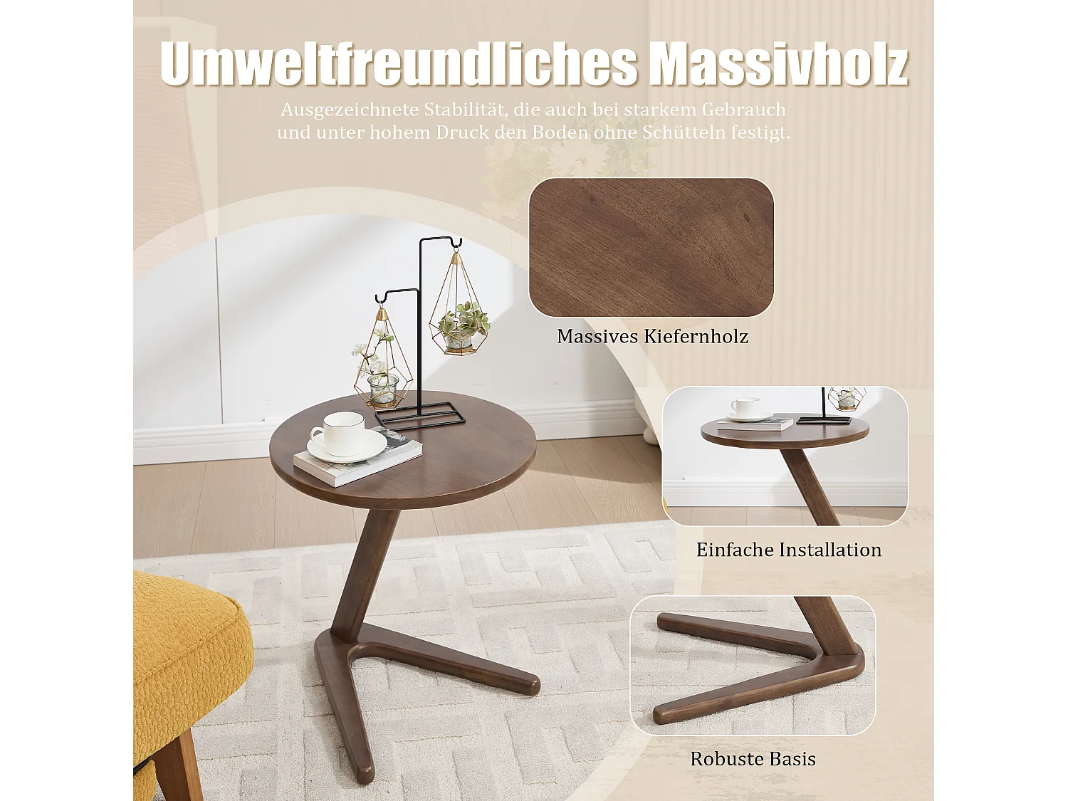 Sienna - Table Basse d'Appoint - Table Basse Roulante avec Structure en Z Renforcée - Glisse sous le Canapé - Bois Massif 50×44cm - Salon, Chambre, Balcon