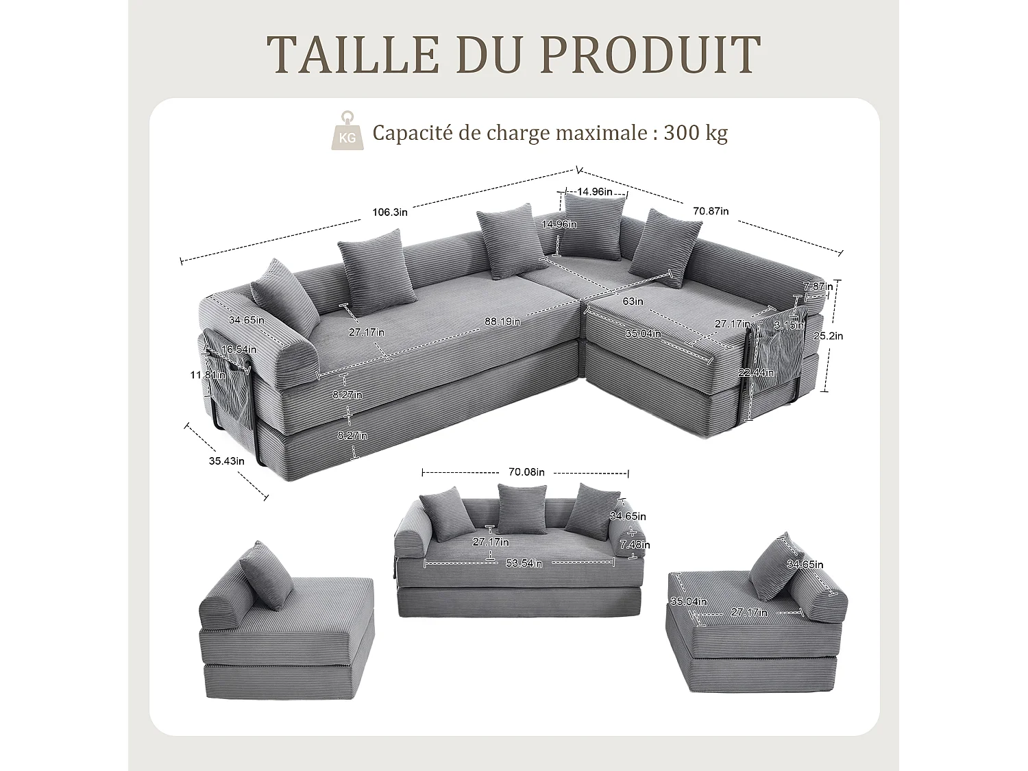 Kaleido 3.0 - Canapé Modulable 5 Places - Canapé Convertible avec Cadre Métal Externe - 5 Coussins Inclus - Combinaisons DIY Illimitées - Idéal Salon, Bureau